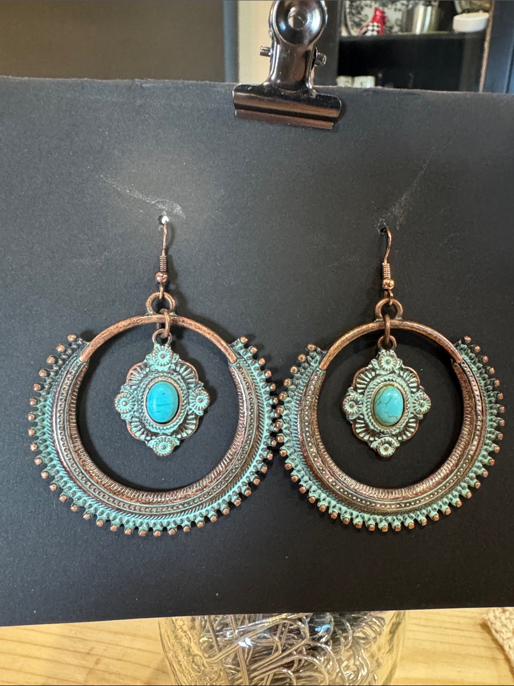 Source Unknown Turquoise and Verdigris Hoop Drop Earrings